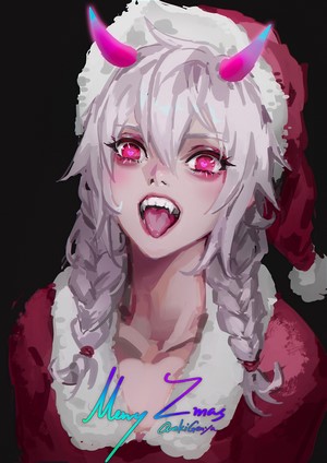 Demon girl in Santa outfit with pink horns and braids