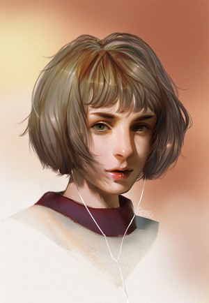 Portrait of a young woman with short hair and headphones