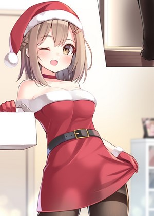 Anime girl in Santa dress winks