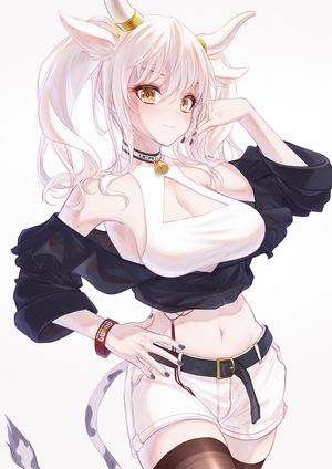 Cow girl with white twintails and horns