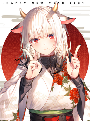 Anime cow girl with horns and red eyes in kimono