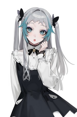 Anime girl with grey twintails and blue streaks