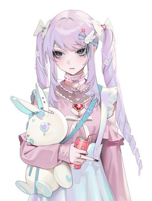 Anime girl with purple twintails holding a stuffed bunny and a drink