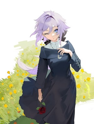 Anime Girl in Nun Outfit with Purple Hair