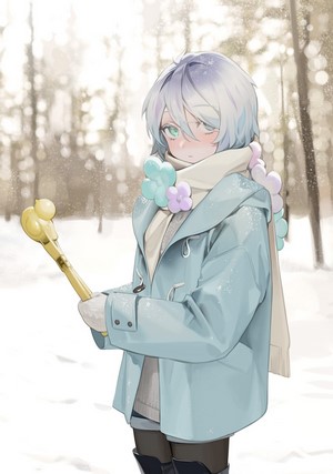 Anime girl with silver hair in the snow