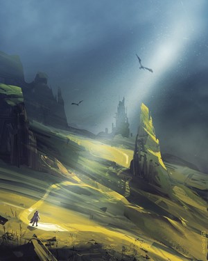 Fantasy landscape with dragons and a lone traveler