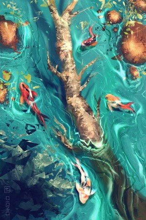 Digital painting of koi fish swimming in turquoise water near a tree
