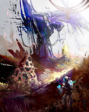 Alien landscape with astronaut and strange structures