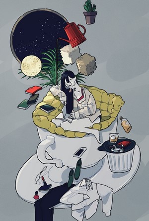 Anime girl sitting in a teacup with floating objects