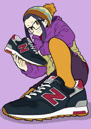 Nadeshiko Kagamihara from Yuru Camp holding New Balance shoes