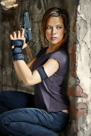 Woman with pistol in a ruined building