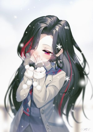 Anime girl with black hair blowing snow