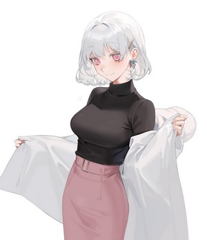 Anime girl with short silver hair and pink eyes