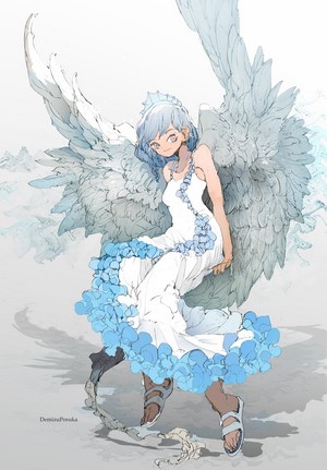 Angel girl with blue flowers and wings by DemizuPosuka