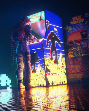Astronaut playing Space Invaders arcade game fan art