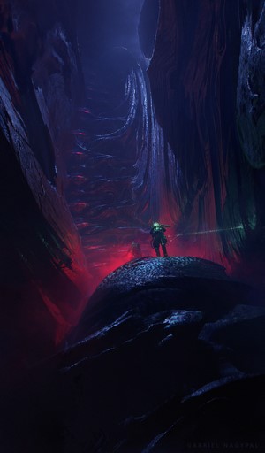 Two figures explore a glowing alien cavern