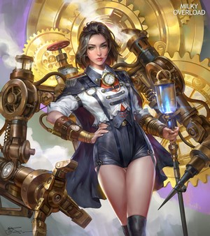 Steampunk woman with gears and staff by Jeremy Chong