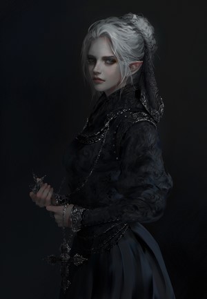 Artwork of a woman with white hair and pointed ears holding a cross