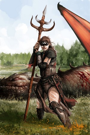 Warrior girl with spear and slain dragon by Ömer Tunç