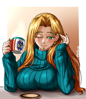 Quetzalcoatl from Fate/Grand Order drinking from a mug
