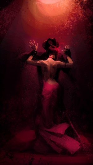 Couple dancing tango in red light