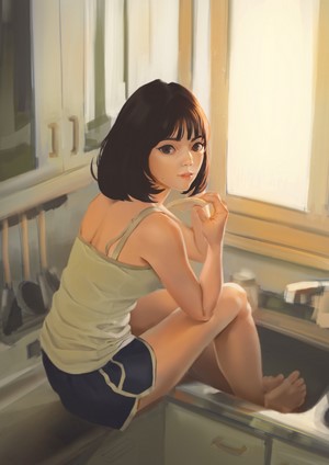 Girl sitting in a kitchen sink by the window