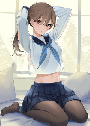 Anime Girl in School Uniform Kneeling Indoors