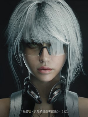 CGI woman with white hair and glasses