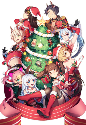 Soulworker characters celebrating Christmas around a tree