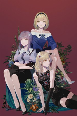 Three anime girls in dresses with flowers
