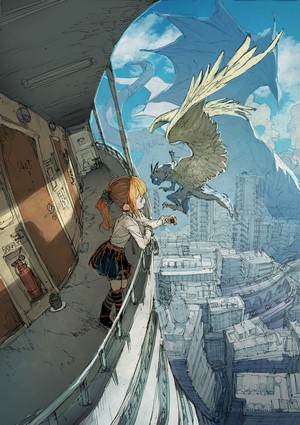 Girl and dragons on a balcony overlooking a city