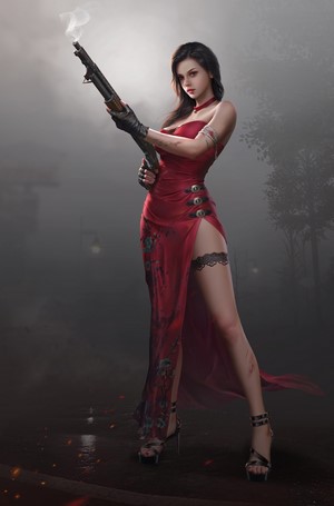Woman in red dress holding a shotgun