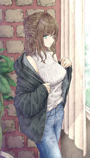 Anime girl in open jacket and jeans by window