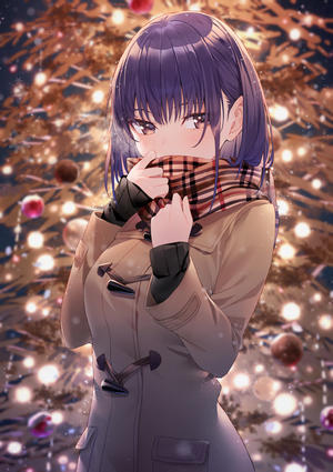 Hakuishi Aoi in a Coat and Scarf near a Christmas Tree