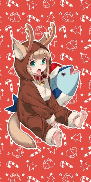 Anime girl in reindeer costume holding a fish plush