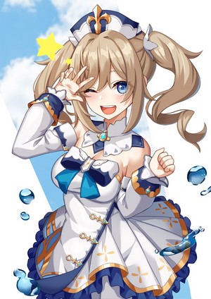 Barbara from Genshin Impact with blue eyes and blonde pigtails