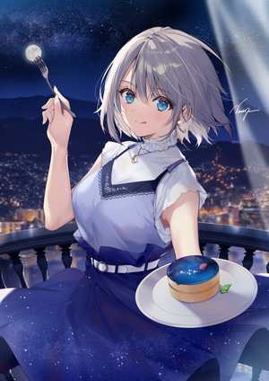 Necomi Anime Girl with Silver Hair and Cake