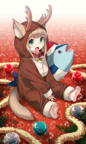 Anime girl in reindeer costume holding a fish plush