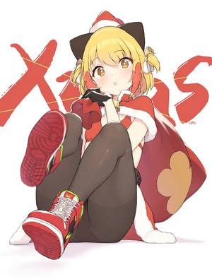 Anime girl in Santa outfit with cat ears and sneakers