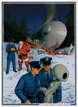 Santa Claus and alien with police after UFO crash