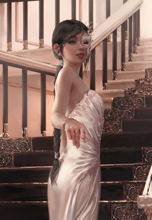 Woman in white dress and mask on stairs