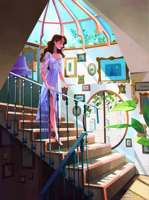Woman in a light purple dress on stairs