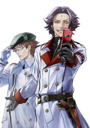 Two men in white uniforms, one holding a red phone
