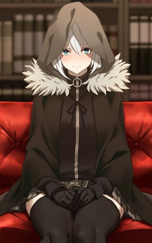Gray from Lord El-Melloi II Case Files sitting on a red couch