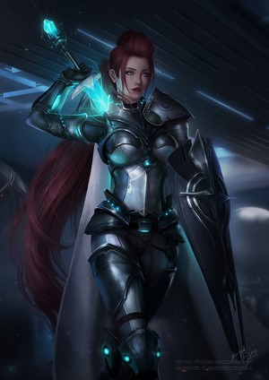 Redhead woman in glowing armor with shield and staff