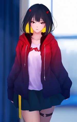 Anime girl with black hair, red eyes, and horns