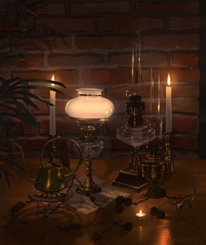 Still life with oil lamps and candles by Pauline Voß