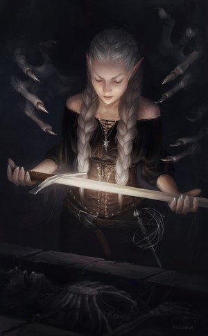 Elf woman with sword over a corpse