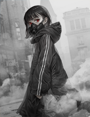 Anime girl with gas mask and red eyes in a city