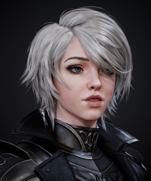 Portrait of a woman with short white hair